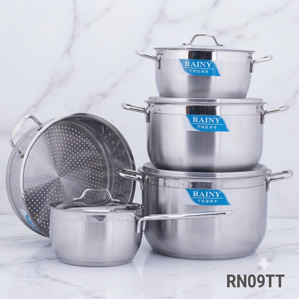 Bộ 5 nồi  inox 3 đáy Rainy Quai Đũa  Nắp Kính